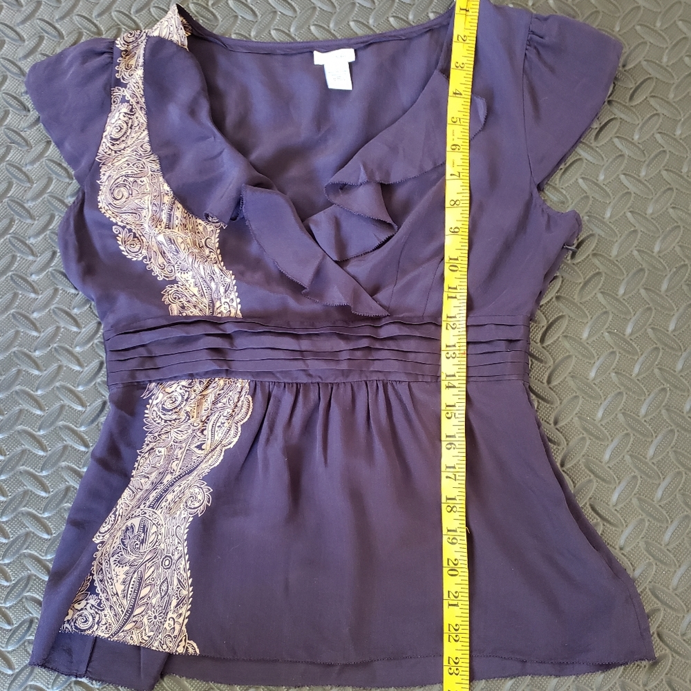 Odille Anthropologie 100% Silk Navy/Purple Ruffle V-neck Top Size 8 - Picture 8 of 9